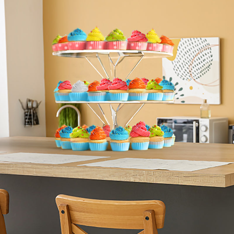 colorful cupcakes in an acrylic raised pastry stand in clear double round acrylicraised serving tray