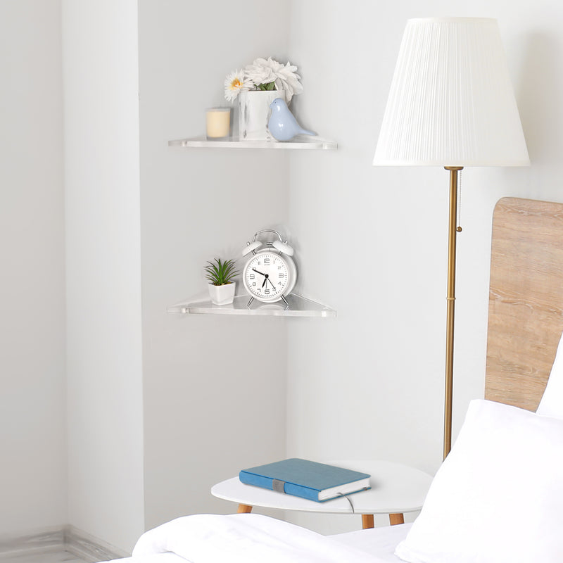 set of 2 acrylic corner shelves on white wall 