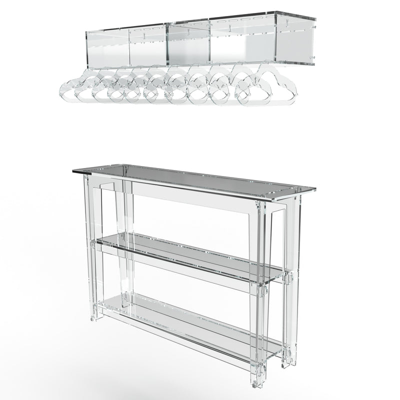 Set of clear acrylic wall mounted box shelf with hangers and clear acrylic console