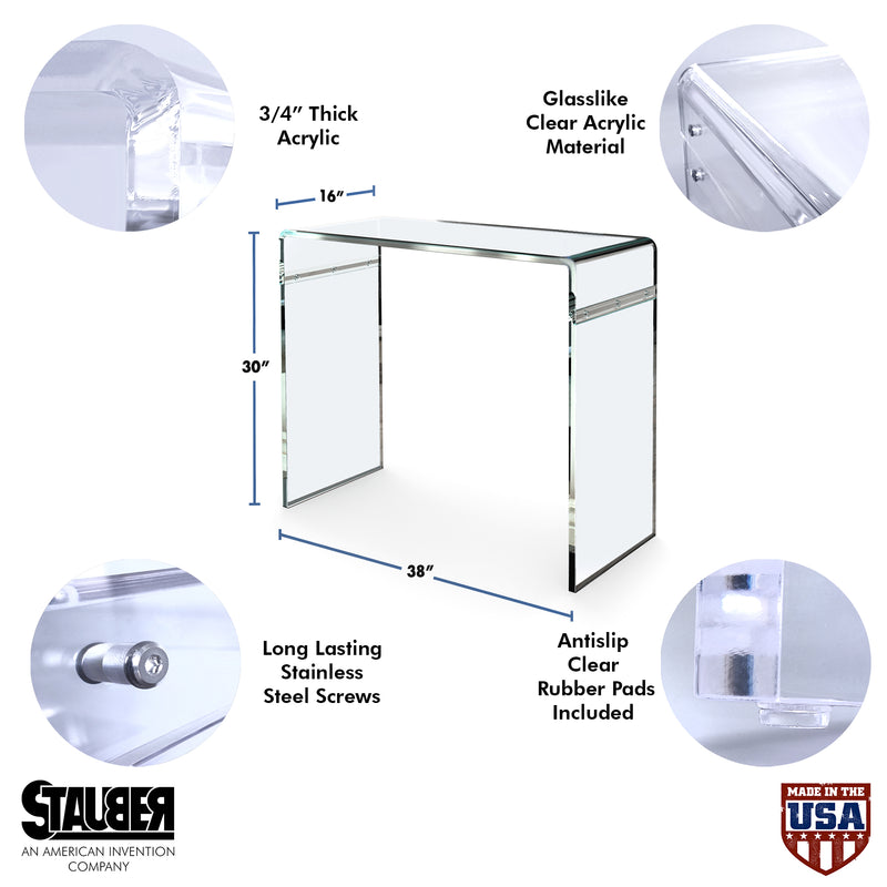 STAUBER BEST 3/4" EXTRA THICK Clear Acrylic - Modern Accent Entryway Console Table (16" D  x 38"W x 30"H)