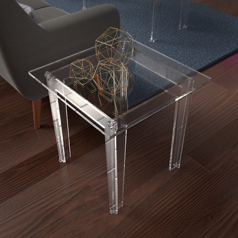 Best acrylic side table at room with brown wood floors