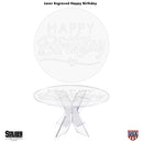 16 inch round acrylic raised pastry stand in clear acrylic with happy Birthday personalized with laser engraved