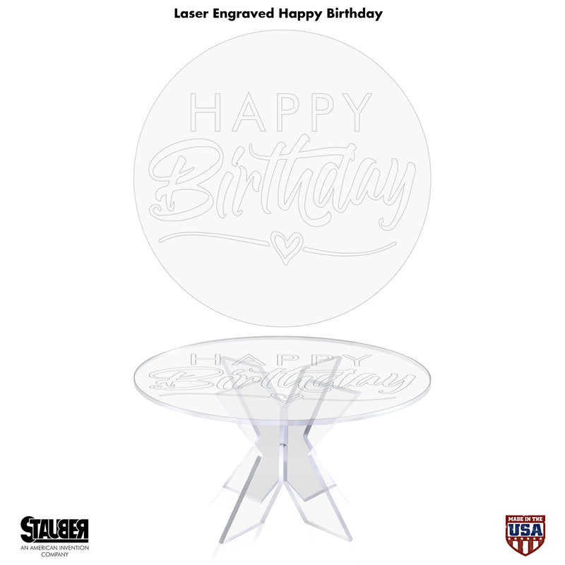 16 inch round acrylic raised pastry stand in clear acrylic with happy Birthday personalized with laser engraved