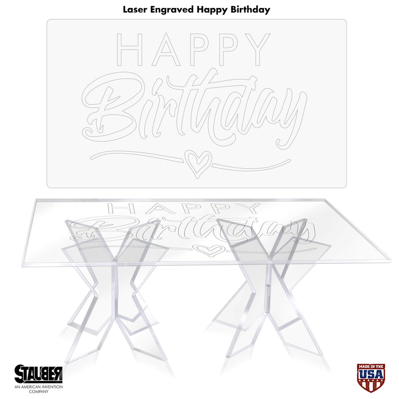 16"x24" rectangle acrylic raised pastry stand in clear acrylic with laser engraved happy birthday