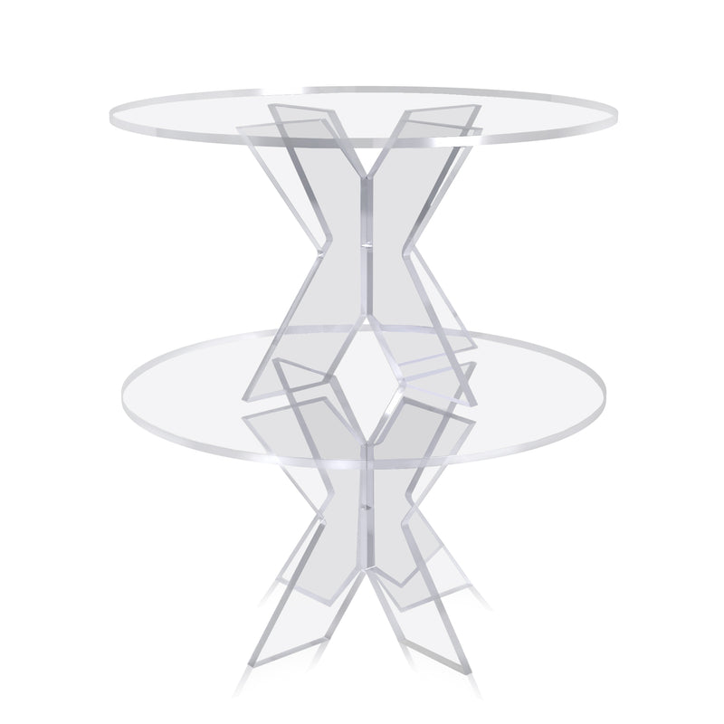double 16 inch round acrylic raised pastry stand in clear acrylic ina awhite background