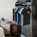 Clear acrylic box shelf with clear acrylic hangers in gray bedroom