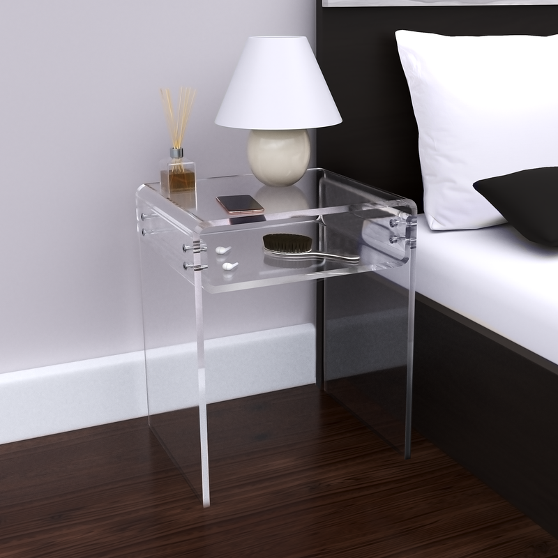 clear acrylic nightstand by dark wood bed