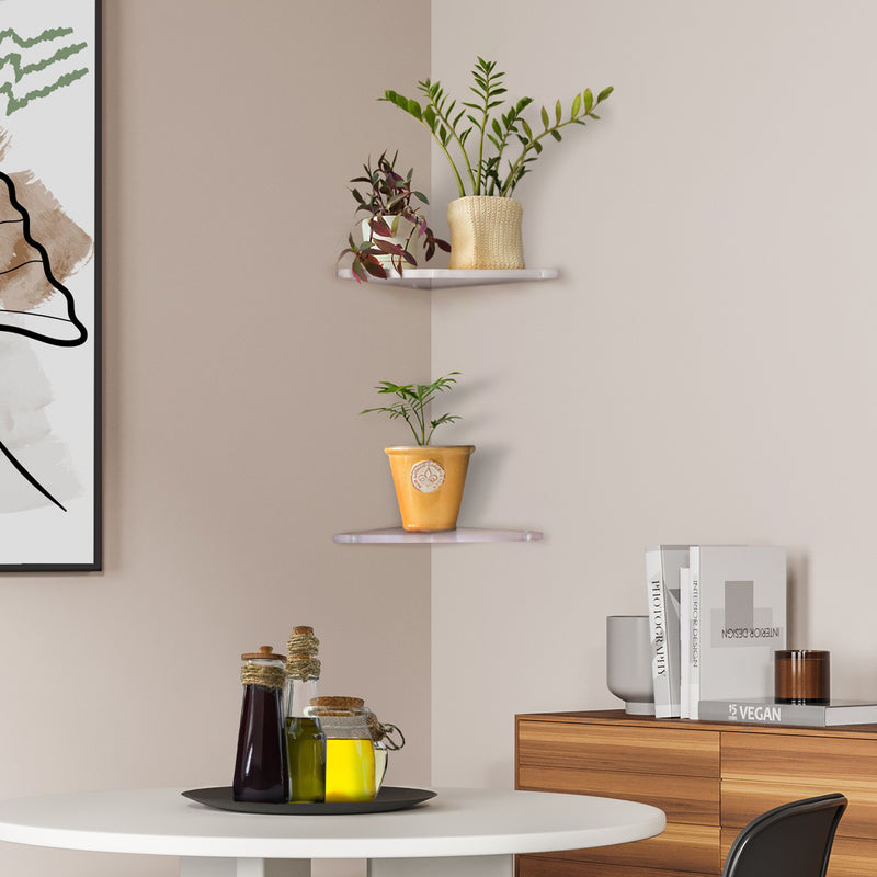 set of 2 acrylic corner shelves on wall 