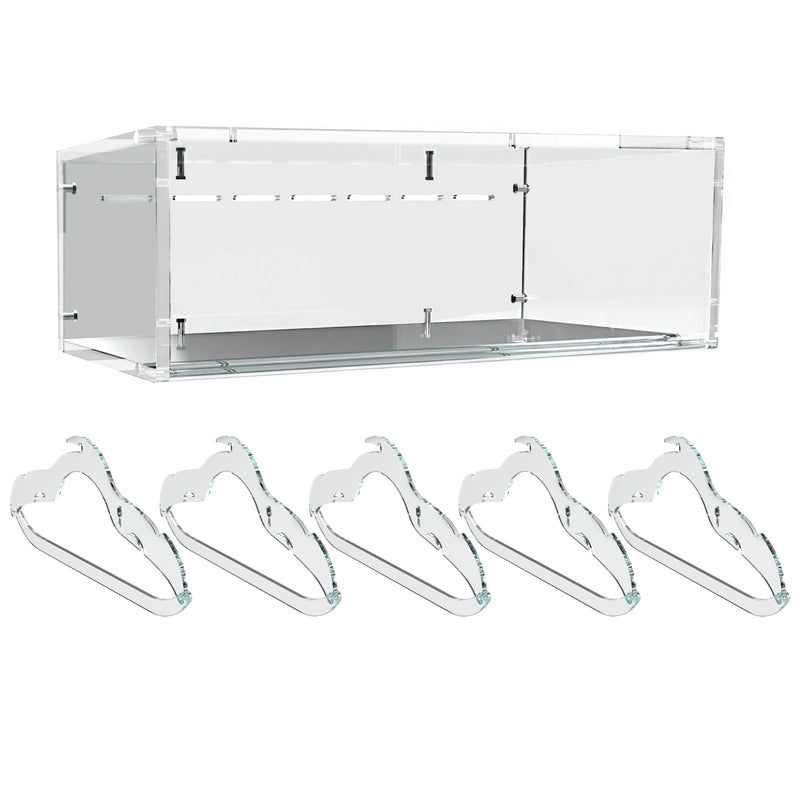 Clear acrylic box shelf with clear acrylic hangers in white background