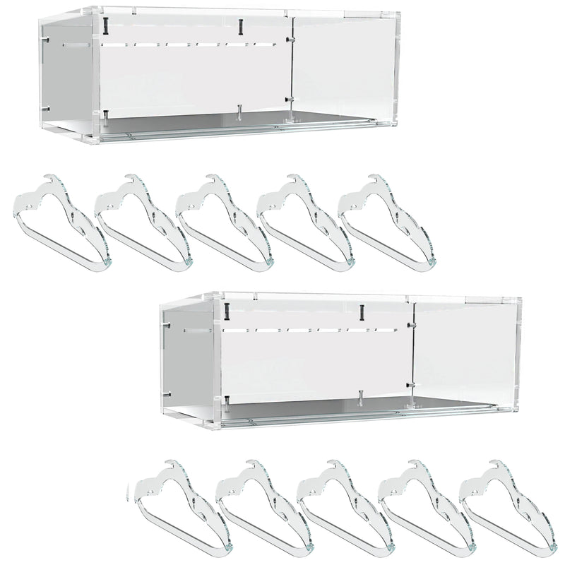 Double set of Clear acrylic box shelf with hangers in white background