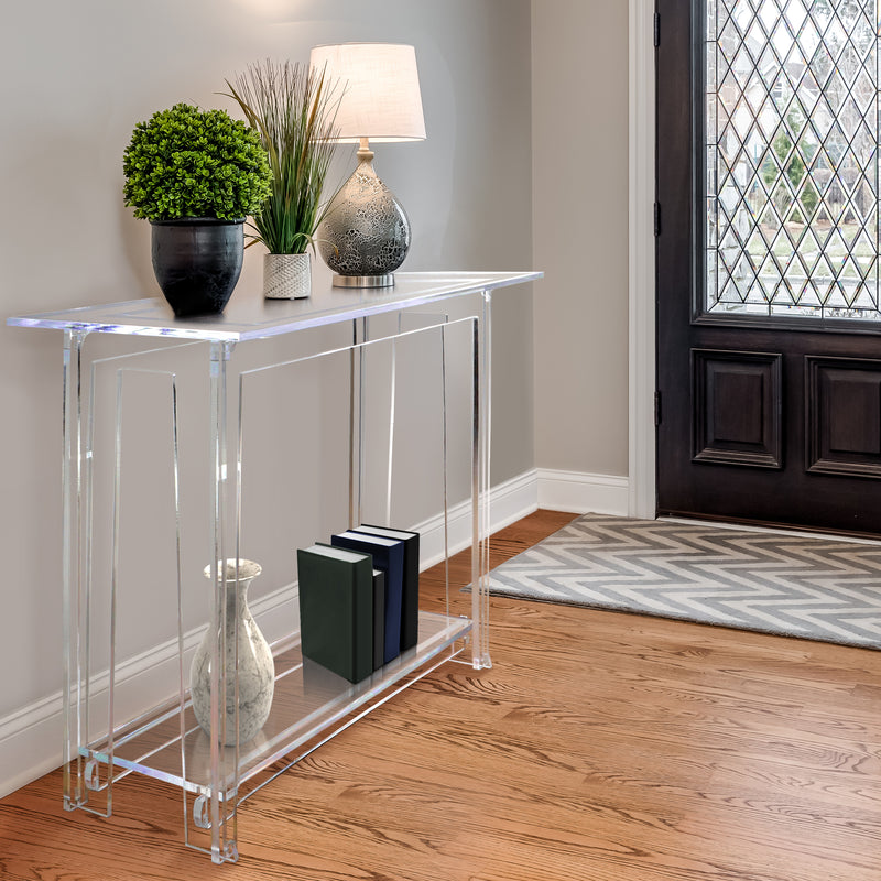 low bottom shelf clear acrylic console by home entrance