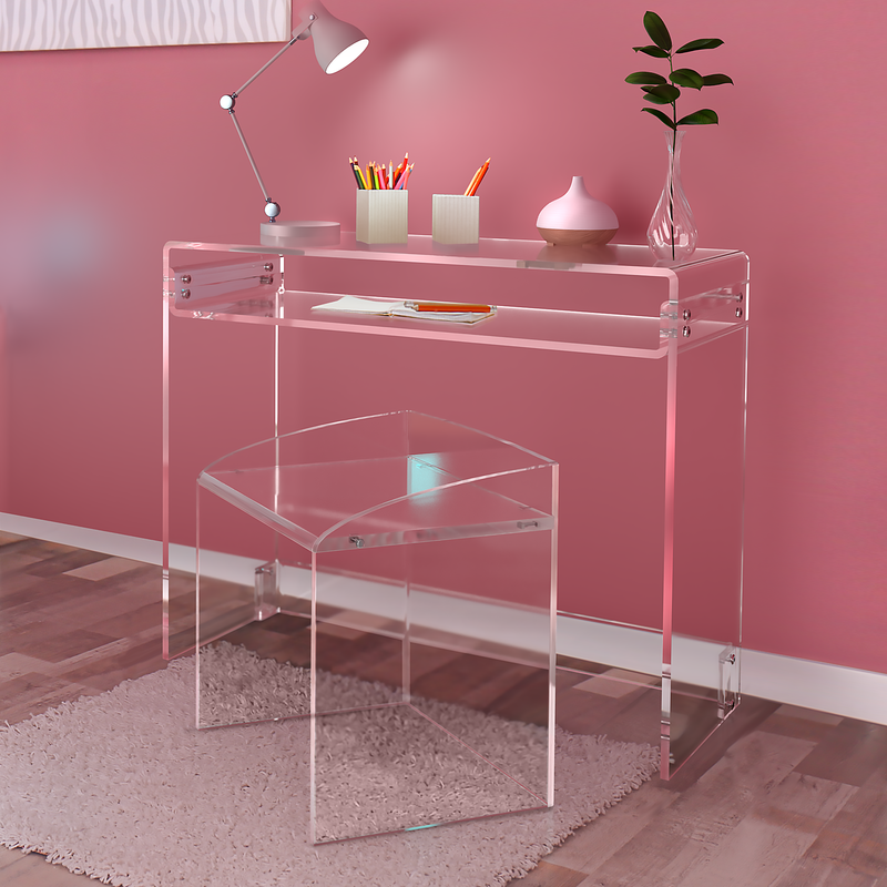 vanity chair with clear acrylic desk in pink room