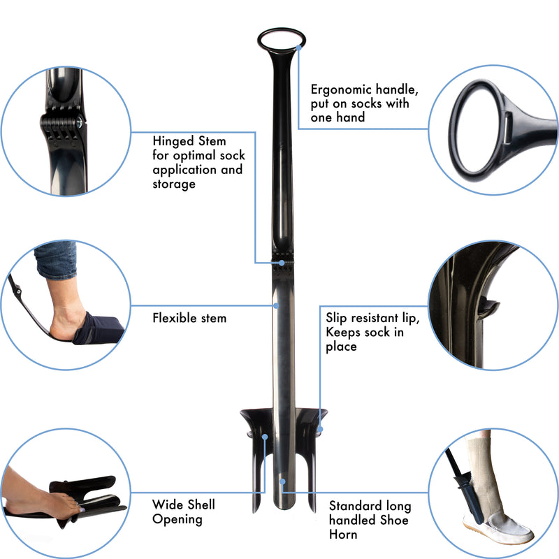 Stauber Best Sock Aid and Shoe Horn - Hinged Sock Aid and New Extra Long Handled Shoe Horn - Design for post surgery.