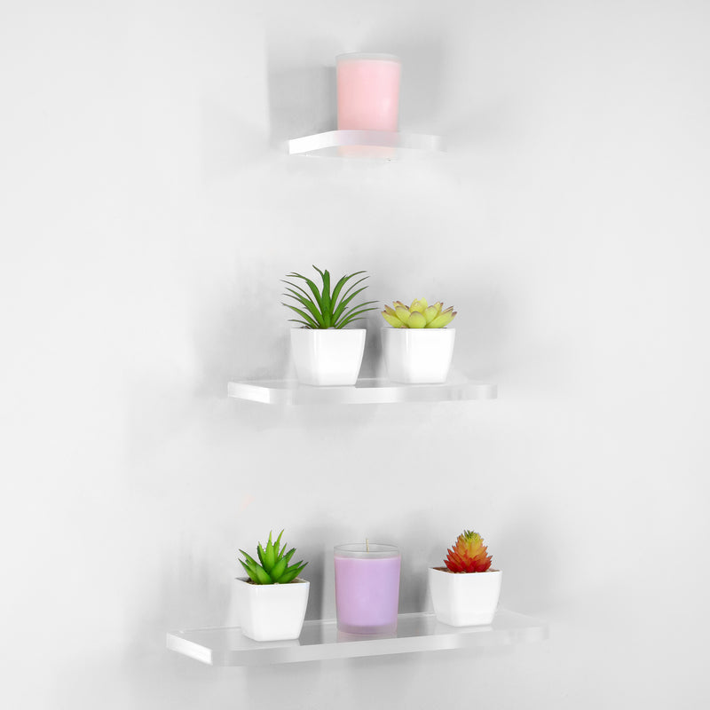 Clear Modern Acrylic Wall Floating set on Shelves on a white wall